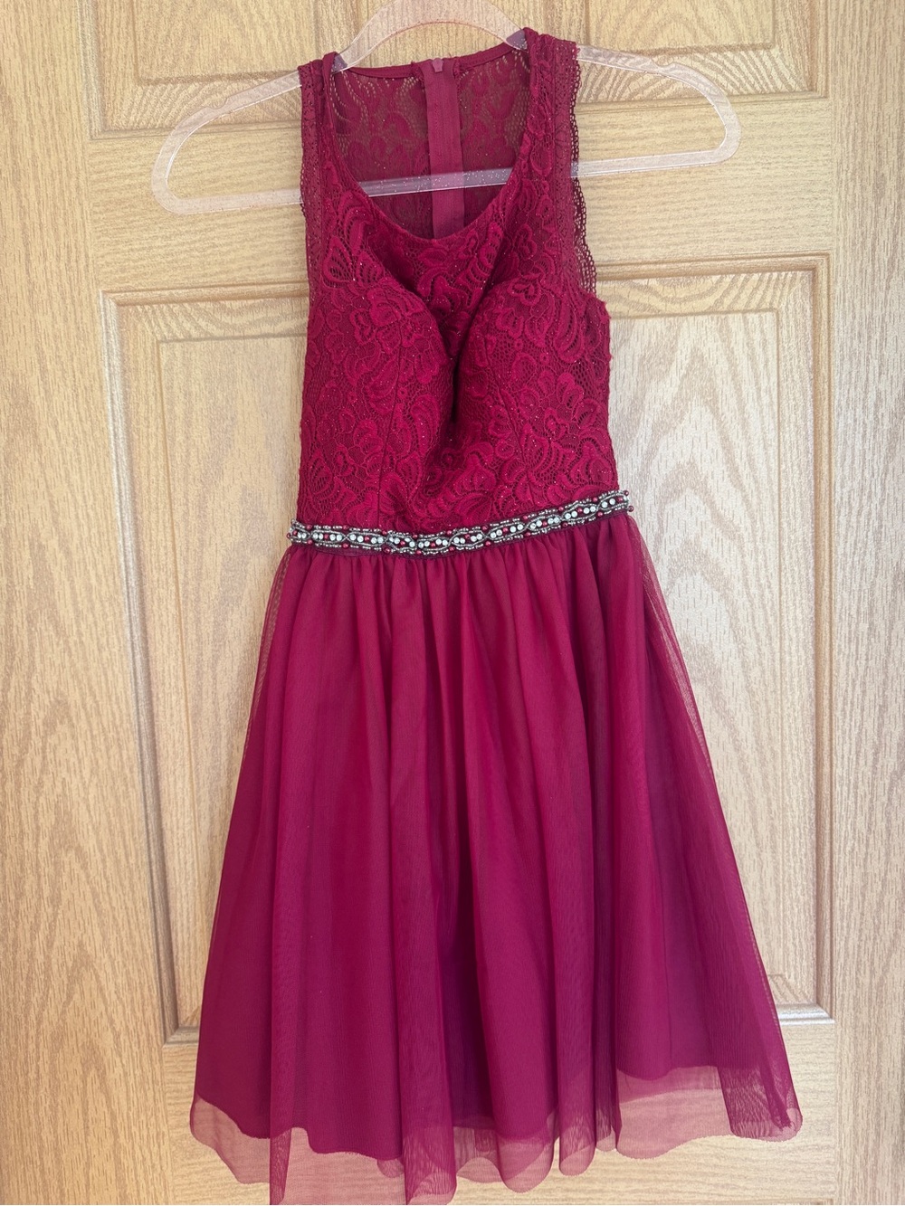 Burgundy Lace Tulle Fit & Flare Party Dress Rhinestone Beaded Waist